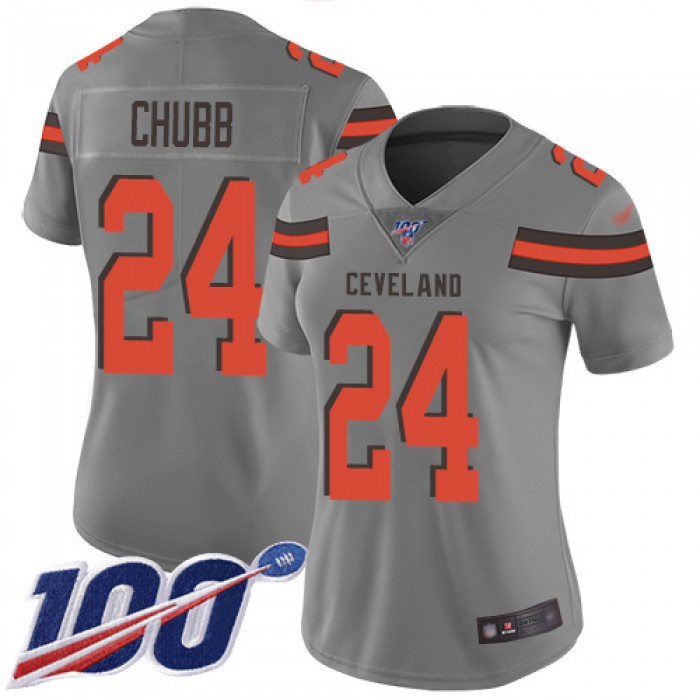 Nike Browns #24 Nick Chubb Gray Women's Stitched NFL Limited Inverted Legend 100th Season Jersey