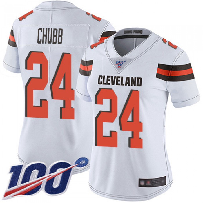 Nike Browns #24 Nick Chubb White Women's Stitched NFL 100th Season Vapor Limited Jersey