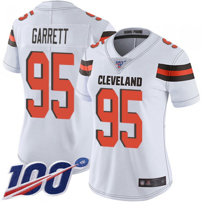 Nike Browns #95 Myles Garrett White Women's Stitched NFL 100th Season Vapor Limited Jersey