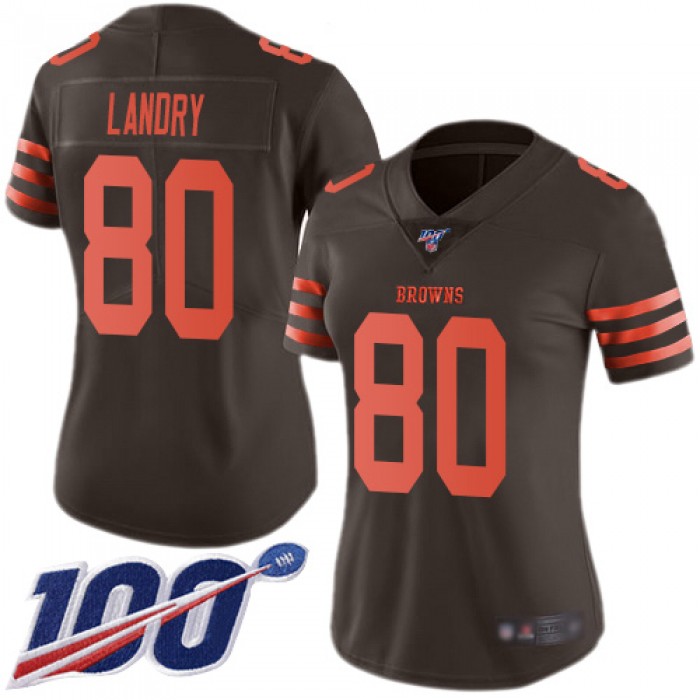 Nike Browns #80 Jarvis Landry Brown Women's Stitched NFL Limited Rush 100th Season Jersey
