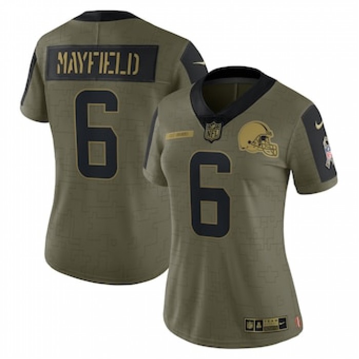 Women's Cleveland Browns #6 Baker Mayfield Nike Olive 2021 Salute To Service Limited Player Jersey