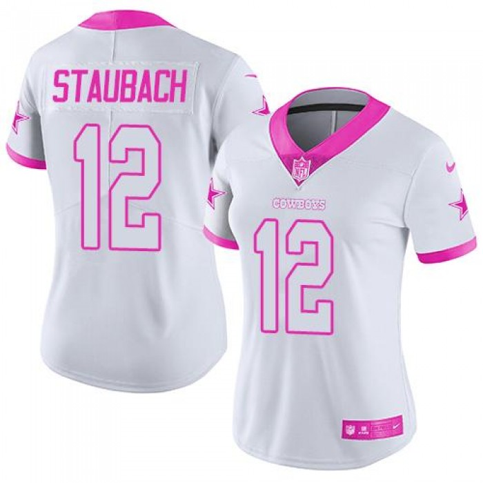 Nike Cowboys #12 Roger Staubach White Pink Women's Stitched NFL Limited Rush Fashion Jersey