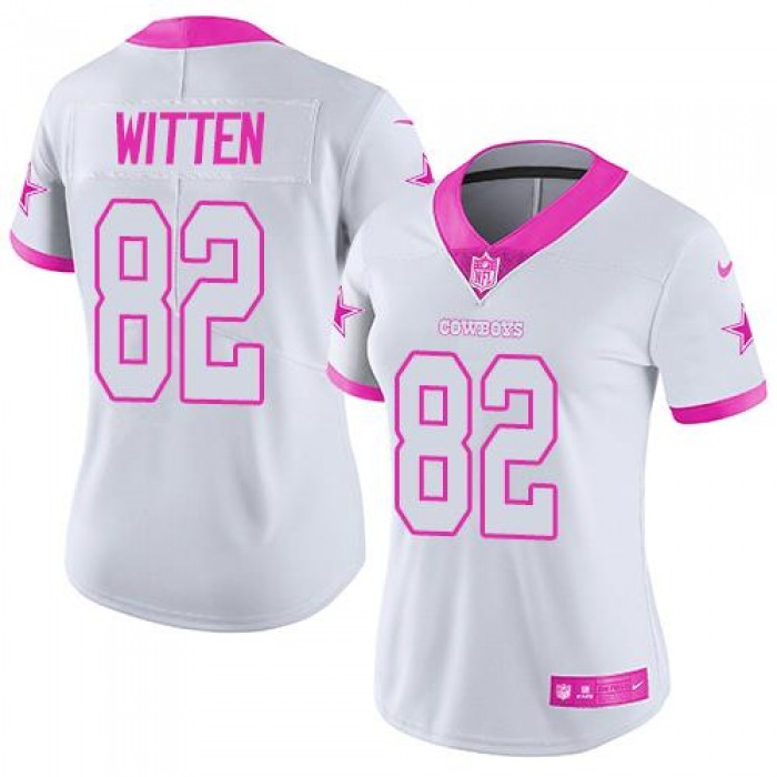 Nike Cowboys #82 Jason Witten White Pink Women's Stitched NFL Limited Rush Fashion Jersey