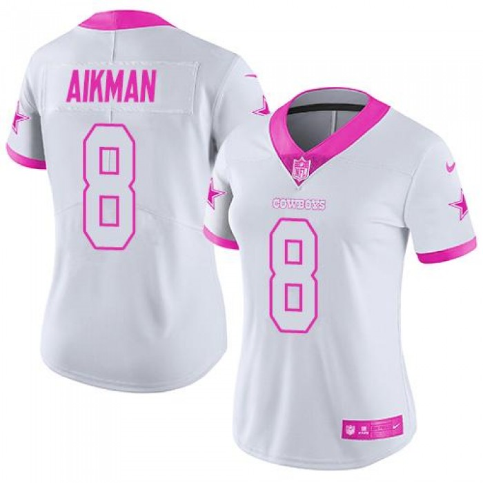 Nike Cowboys #8 Troy Aikman White Pink Women's Stitched NFL Limited Rush Fashion Jersey