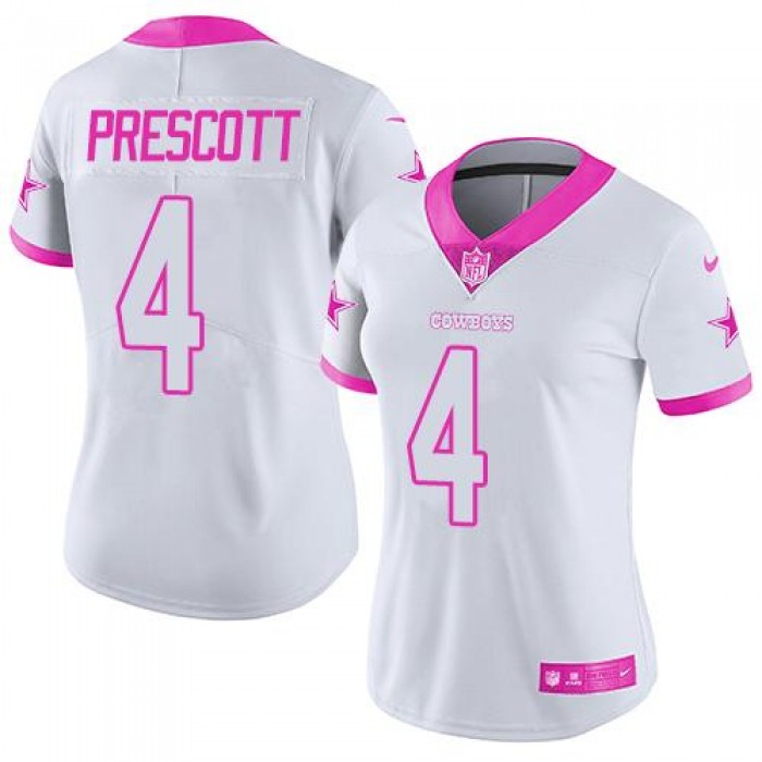 Nike Cowboys #4 Dak Prescott White Pink Women's Stitched NFL Limited Rush Fashion Jersey