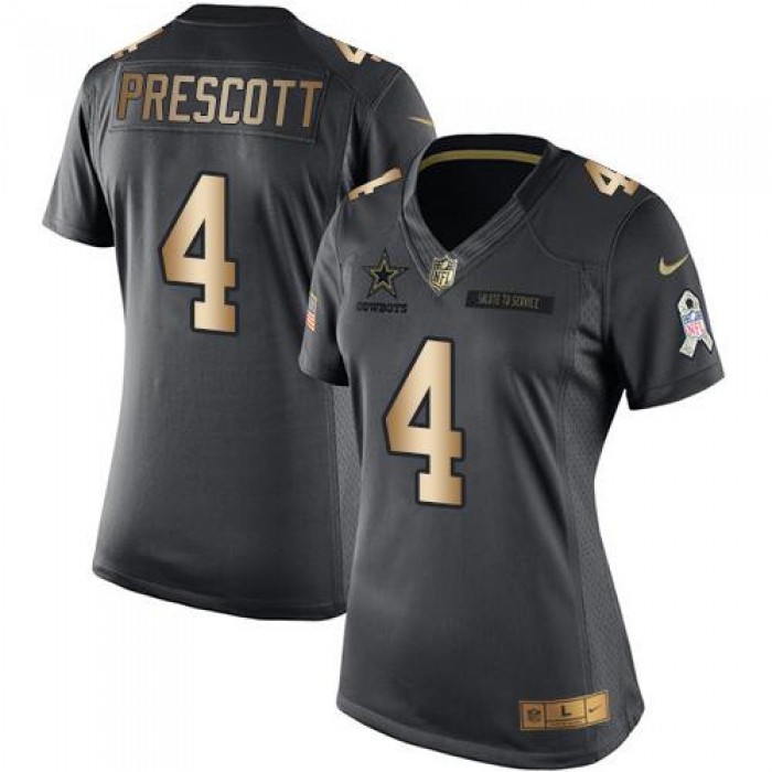 Nike Cowboys #4 Dak Prescott Black Women's Stitched NFL Limited Gold Salute to Service Jersey