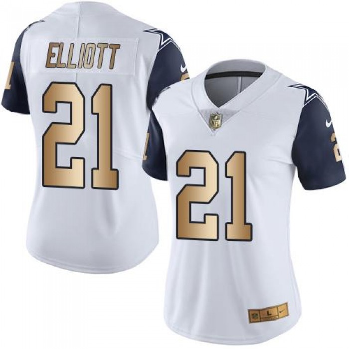 Nike Cowboys #21 Ezekiel Elliott White Women's Stitched NFL Limited Gold Rush Jersey