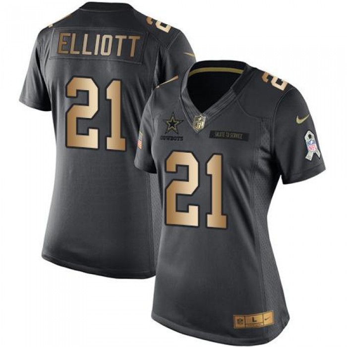 Nike Cowboys #21 Ezekiel Elliott Black Women's Stitched NFL Limited Gold Salute to Service Jersey