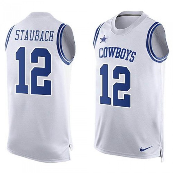 Men's Dallas Cowboys 12 Roger Staubach Nike White Printed Player Name & Number Tank Top