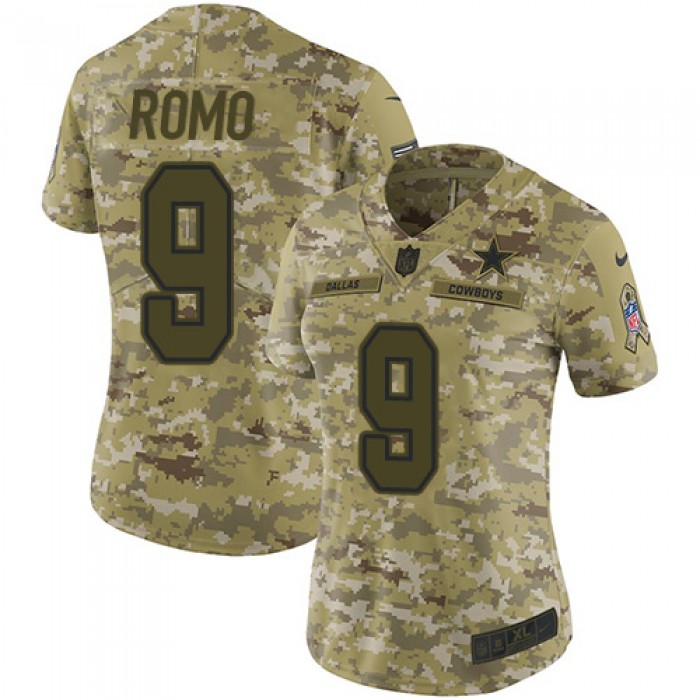 Nike Cowboys #9 Tony Romo Camo Women's Stitched NFL Limited 2018 Salute to Service Jersey