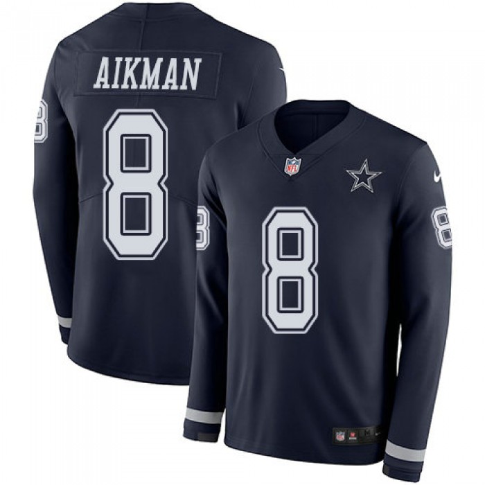 Nike Cowboys 8 Troy Aikman Navy Blue Team Color Men's Stitched NFL Limited Therma Long Sleeve Jersey