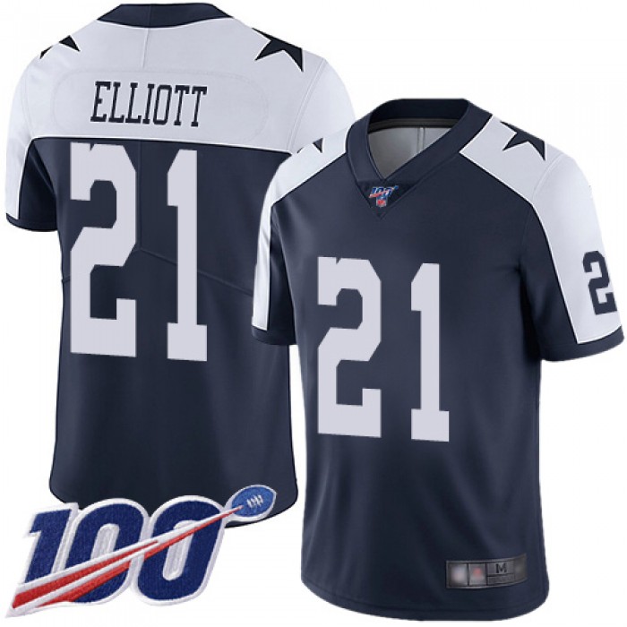 Cowboys #21 Ezekiel Elliott Navy Blue Thanksgiving Men's Stitched Football 100th Season Vapor Throwback Limited Jersey