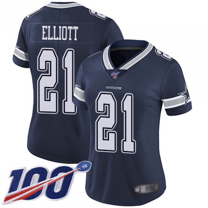 Nike Cowboys #21 Ezekiel Elliott Navy Blue Team Color Women's Stitched NFL 100th Season Vapor Limited Jersey