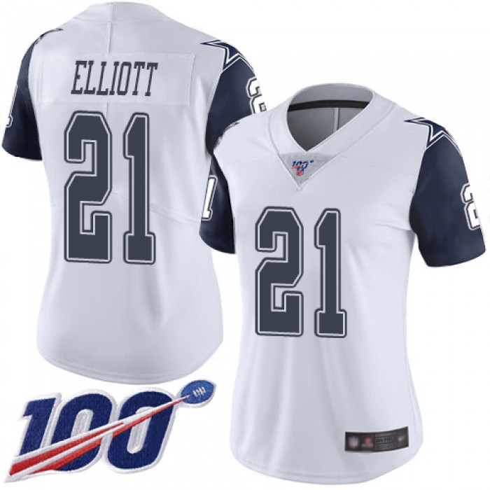 Nike Cowboys #21 Ezekiel Elliott White Women's Stitched NFL Limited Rush 100th Season Jersey