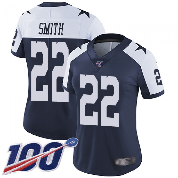 Nike Cowboys #22 Emmitt Smith Navy Blue Thanksgiving Women's Stitched NFL 100th Season Vapor Throwback Limited Jersey