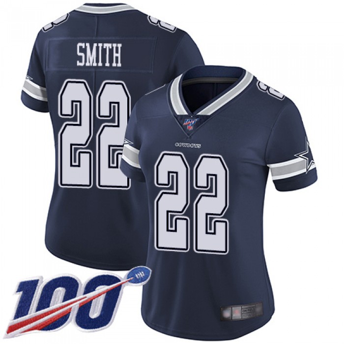 Nike Cowboys #22 Emmitt Smith Navy Blue Team Color Women's Stitched NFL 100th Season Vapor Limited Jersey
