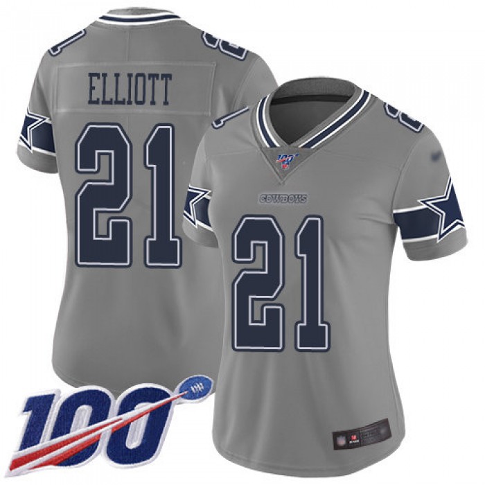 Nike Cowboys #21 Ezekiel Elliott Gray Women's Stitched NFL Limited Inverted Legend 100th Season Jersey