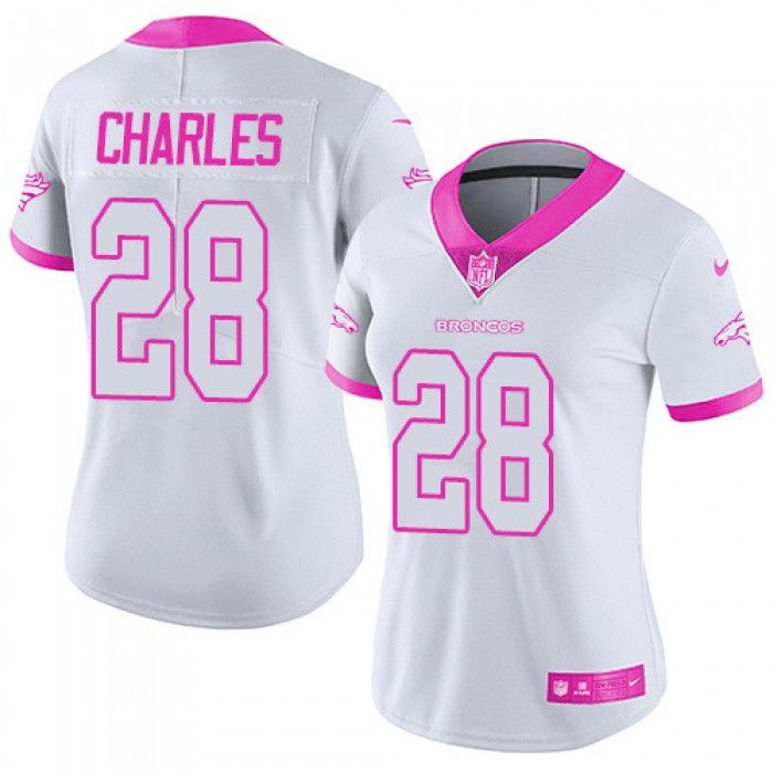 Women's Nike Broncos #28 Jamaal Charles White Pink Stitched NFL Limited Rush Fashion Jersey