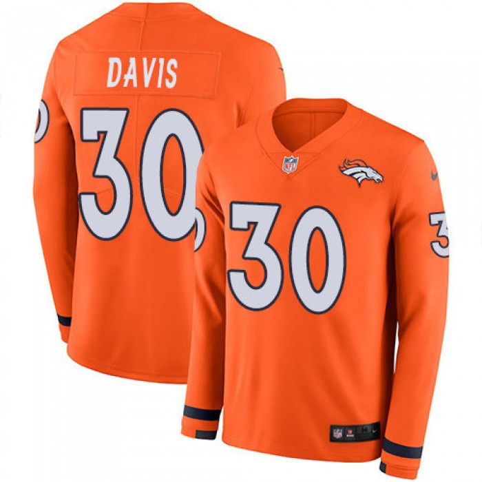 Nike Broncos 30 Terrell Davis Orange Team Color Men's Stitched NFL Limited Therma Long Sleeve Jersey