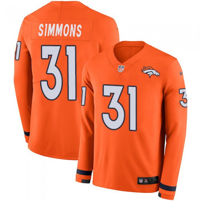 Nike Broncos 31 Justin Simmons Orange Team Color Men's Stitched NFL Limited Therma Long Sleeve Jersey
