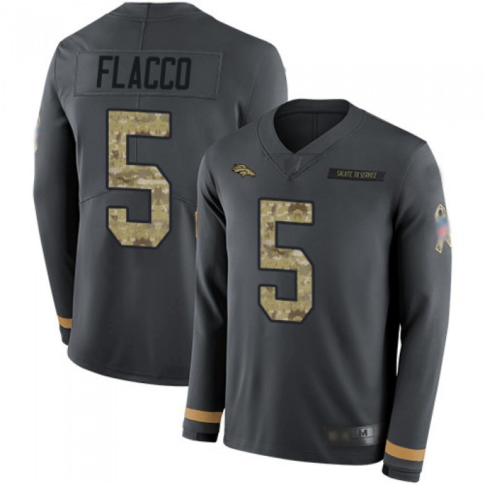 Men's Denver Broncos #5 Joe Flacco Anthracite Salute to Service Stitched Football Limited Therma Long Sleeve Jersey
