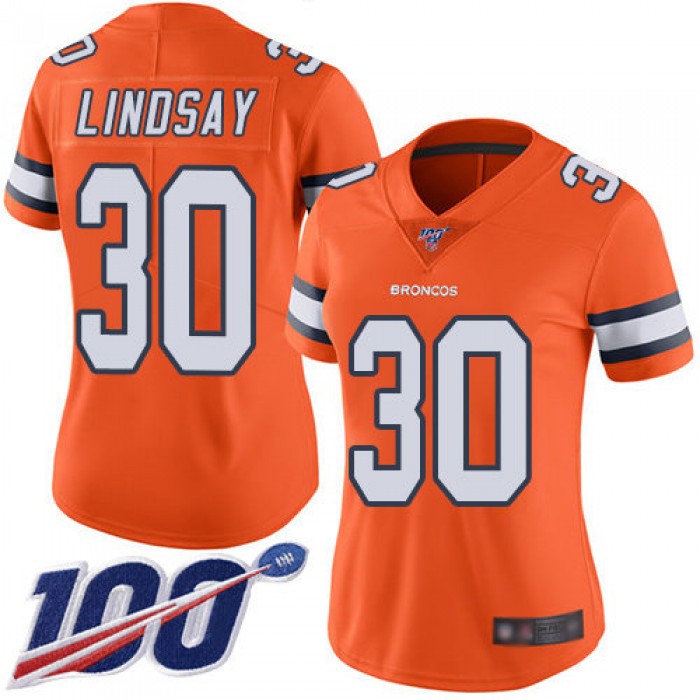 Nike Broncos #30 Phillip Lindsay Orange Women's Stitched NFL Limited Rush 100th Season Jersey