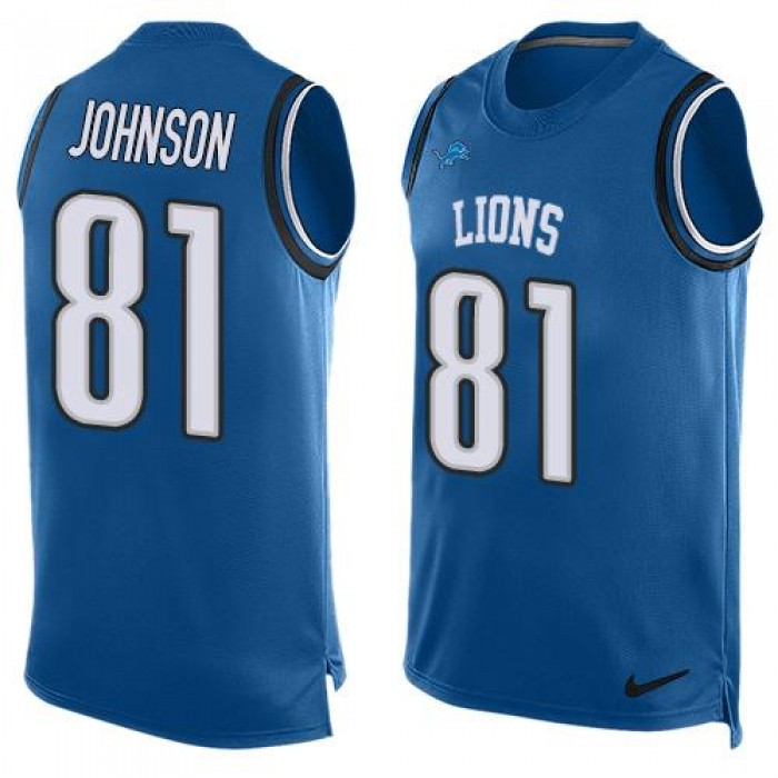 Men's Detroit Lions #81 Calvin Johnson Light Blue Hot Pressing Player Name & Number Nike NFL Tank Top Jersey