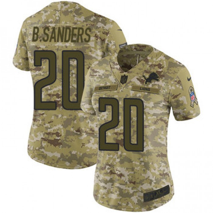 Nike Lions #20 Barry Sanders Camo Women's Stitched NFL Limited 2018 Salute to Service Jersey