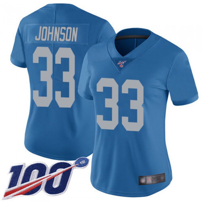 Nike Lions #33 Kerryon Johnson Blue Throwback Women's Stitched NFL 100th Season Vapor Limited Jersey
