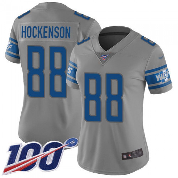 Nike Lions #88 T.J. Hockenson Gray Women's Stitched NFL Limited Inverted Legend 100th Season Jersey