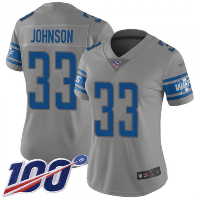 Nike Lions #33 Kerryon Johnson Gray Women's Stitched NFL Limited Inverted Legend 100th Season Jersey
