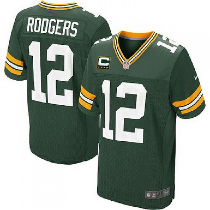 Nike Green Bay Packers #12 Aaron Rodgers Green C Patch Elite Jersey