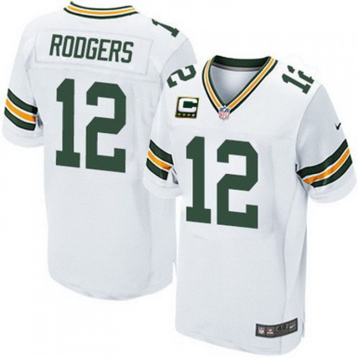 Nike Green Bay Packers #12 Aaron Rodgers White C Patch Elite Jersey