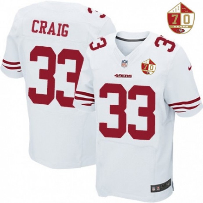 Men's San Francisco 49ers #33 Roger Craig White 70th Anniversary Patch Stitched NFL Nike Elite Jersey