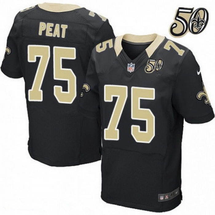 Men's New Orleans Saints #75 Andrus Peat Black 50th Season Patch Stitched NFL Nike Elite Jersey
