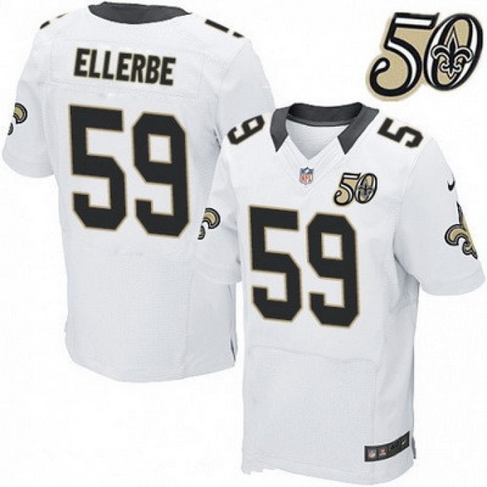 Men's New Orleans Saints #59 Dannell Ellerbe White 50th Season Patch Stitched NFL Nike Elite Jersey