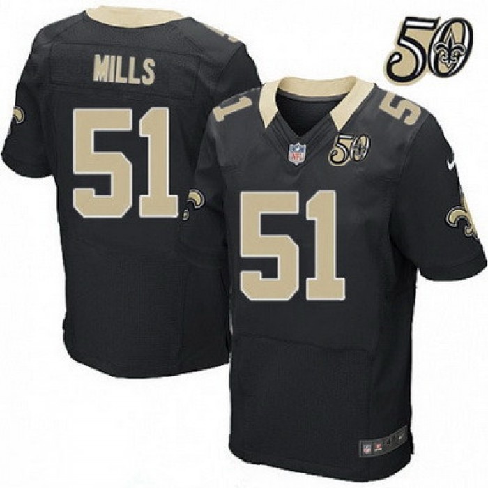 Men's New Orleans Saints #51 Sam Mills Black 50th Season Patch Stitched NFL Nike Elite Jersey