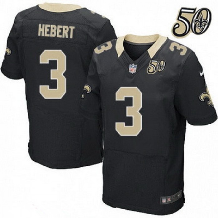 Men's New Orleans Saints #3 Bobby Hebert Black 50th Season Patch Stitched NFL Nike Elite Jersey
