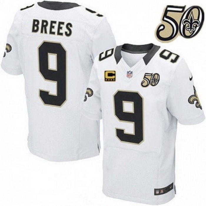 Men's New Orleans Saints #9 Drew Brees White 50th Season Patch Stitched NFL Nike Elite Jersey with C Patch