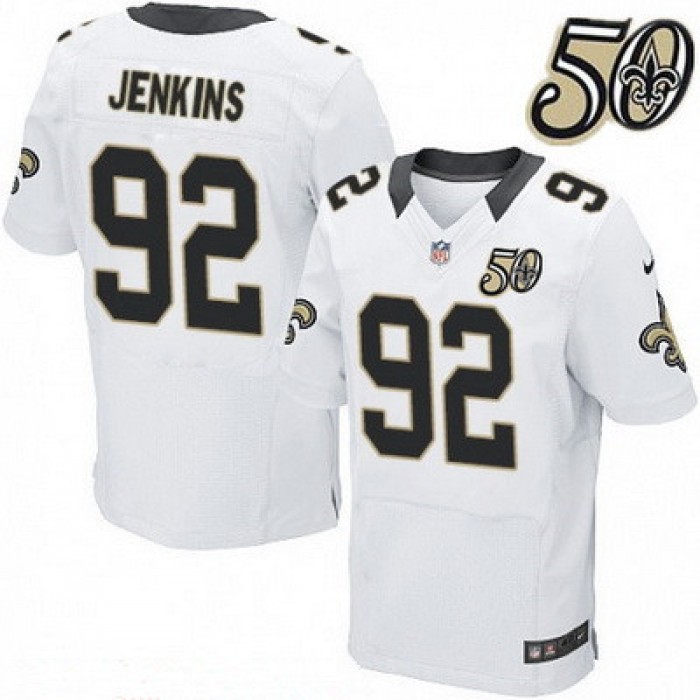 Men's New Orleans Saints #92 John Jenkins White 50th Season Patch Stitched NFL Nike Elite Jersey