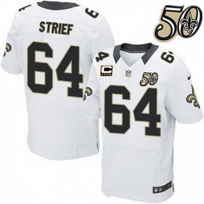 Men's New Orleans Saints #64 Zach Strief Elite White 50th Season Patch Stitched NFL Nike Elite Jersey with C Patch