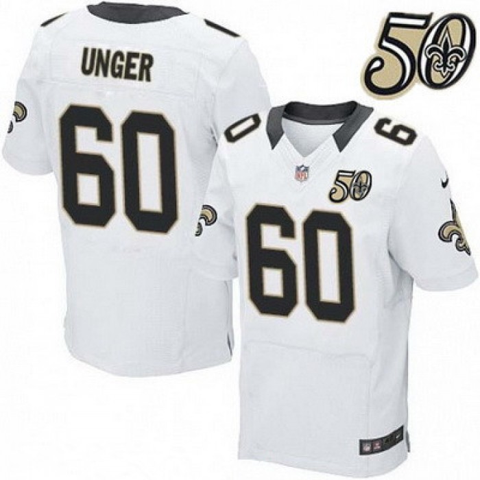 Men's New Orleans Saints #60 Max Unger White 50th Season Patch Stitched NFL Nike Elite Jersey