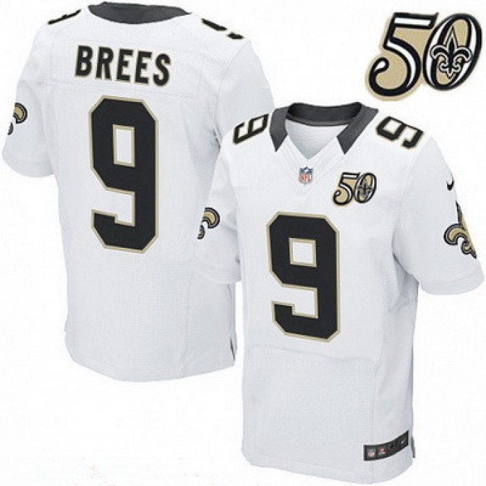 Men's New Orleans Saints #9 Drew Brees White 50th Season Patch Stitched NFL Nike Elite Jersey