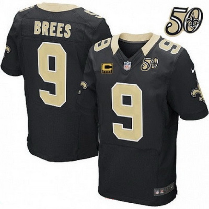 Men's New Orleans Saints #9 Drew Brees Black 50th Season Patch Stitched NFL Nike Elite Jersey with C Patch