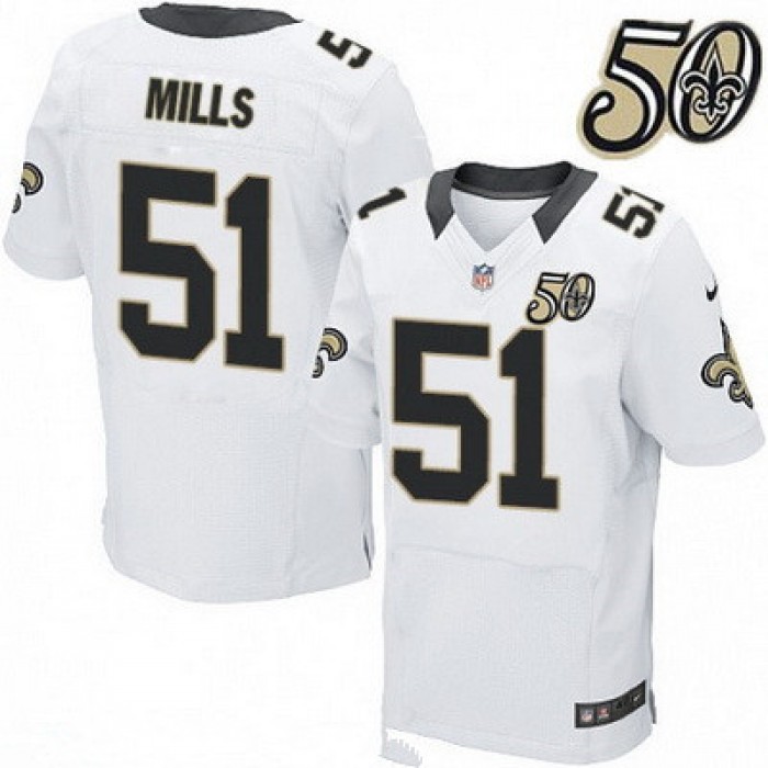 Men's New Orleans Saints #51 Sam Mills White 50th Season Patch Stitched NFL Nike Elite Jersey