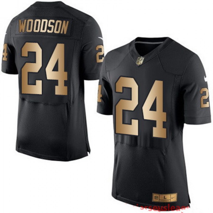 Men's Oakland Raiders #24 Charles Woodson Black With Gold Stitched NFL Nike Elite Jersey