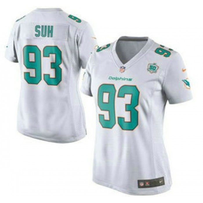 Women's Miami Dolphins #93 Ndamukong Suh White Road 2015 NFL 50th Patch Nike Game Jersey