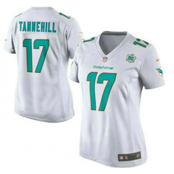 Women's Miami Dolphins #17 Ryan Tannehill White Road 2015 NFL 50th Patch Nike Game Jersey