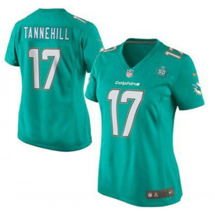 Women's Miami Dolphins #17 Ryan Tannehill Aqua Green Team Color 2015 NFL 50th Patch Nike Game Jersey