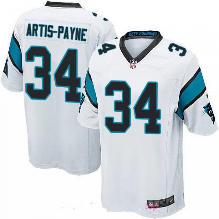 Men's Carolina Panthers #34 Cameron Artis-Payne White Road Stitched NFL Nike Game Jersey